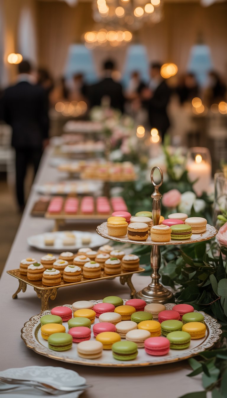 A dessert bar with mini pastries and colorful macarons arranged on trays at a wedding dinner party.